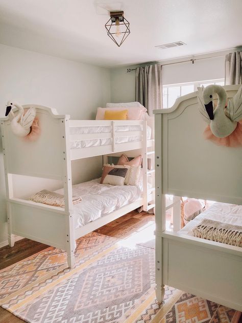 Triple Shared Bedroom, Bedroom For 4 Sisters, Bunk Bed Ideas For Small Rooms Girly, 2 Sets Of Bunk Beds Room Ideas, Small Room 3 Beds, Bedroom For Three Sisters, Room For 3 Sisters, Bunk Beds Girls Room, Shared Girls Room Bunk Beds