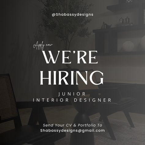 WE’RE HIRING Junior interior designer (1 - 2 Years of experience) Location: Alexandria Send your CV & Portfolio to Shabassydesigns@gmail.com Cv Portfolio, We're Hiring, Interior Designer, Design Ideas, Portfolio, How To Apply, Interior Design, Design