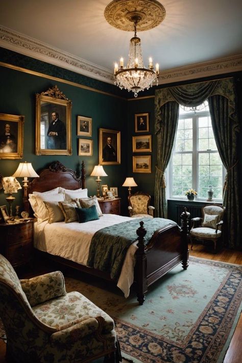 1800 Bedroom Aesthetic, Bohemian Victorian Bedroom, Victorian Inspired Interior Design, Victorian Home Inspiration, Victorian Master Bed, Dark Victorian Aesthetic Bedroom, Old Victorian Bedroom Aesthetic, Victorian Guest Bedroom, Victorian Hotel Room