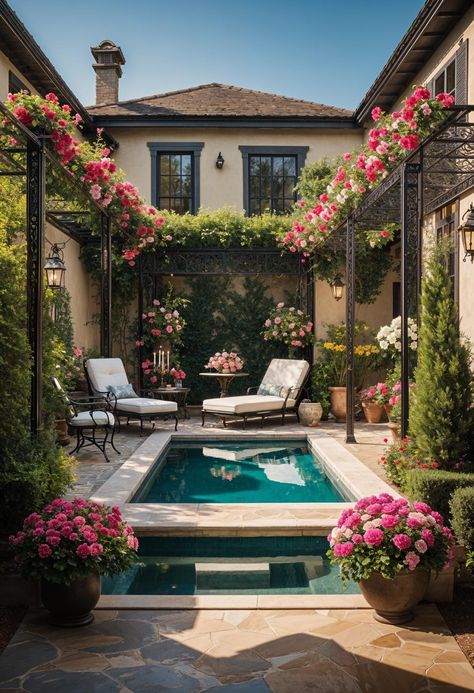 21 Stunning Small Pool Design Ideas for Tiny backyards 26 Pool Courtyard Ideas, Small Pool With Spa, Victorian Backyard, Pool Area Ideas, Sims4 Inspiration, Small Pool Design Ideas, Breeze House, Unique Pool, Tiny Backyard