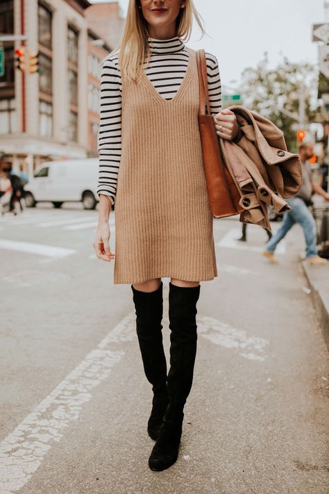 Overall Dress Turtleneck Outfit, Layering Outfits Dresses Winter, Sweater Tank Dress Outfit, Turtleneck Over Dress, Sleeveless Knit Dress Outfit Winter, Sweater Dress For Work, Over The Knee Boot Outfit Winter, Layered Dress Outfit Winter, Sweater Under Dress Outfit