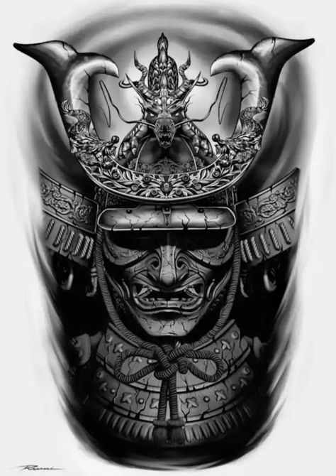 Black And Grey Tattoos Half Sleeve Men, Japanese Worrier Tattoo Design, Samurai Tattoo Design Warriors, Japanese Warrior Tattoo Sleeve, Worrier Tattoo Design, Samurai Head Tattoo, Samurai Face Tattoo, Japanese Warrior Tattoo Design, Fullback Tattoo Design