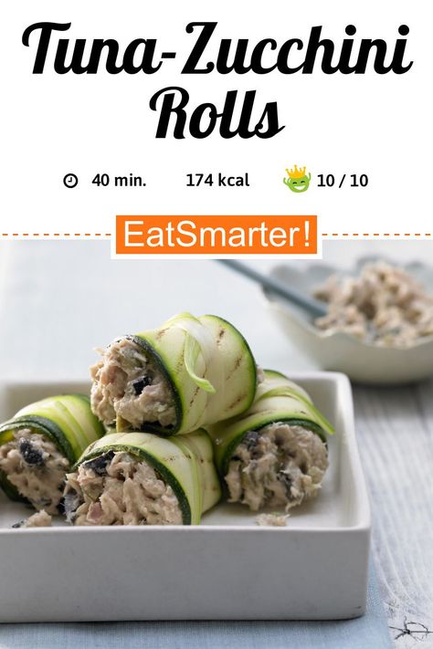 This Tuna-Zucchini Rolls recipe by EATSMARTER received a perfect 10/10 on our health score! This delicious starter is rich in a variety of vitamins and minerals and is the perfect healthy addition to the dinner table. #tuna #zucchini #fish #vegetables #healthyrecipes Tuna Zucchini, Zucchini Rolls, Meals For Four, Grilled Zucchini, Healthy Lunch Recipes, Low Carb Snacks, Eat Smart, Food Shows, Zucchini Recipes