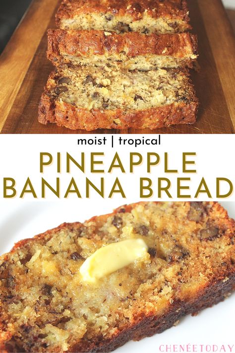 Healthy Sweet Breads, Pumpkin Bread With Crushed Pineapple, Pineapple Nut Bread, Pumpkin Pineapple Bread, Banana And Pineapple Recipes, Banana Bread With Pineapple Recipe, Hawian Banana Bread, Easy Pineapple Recipes, Banana Pineapple Bread Recipe Moist