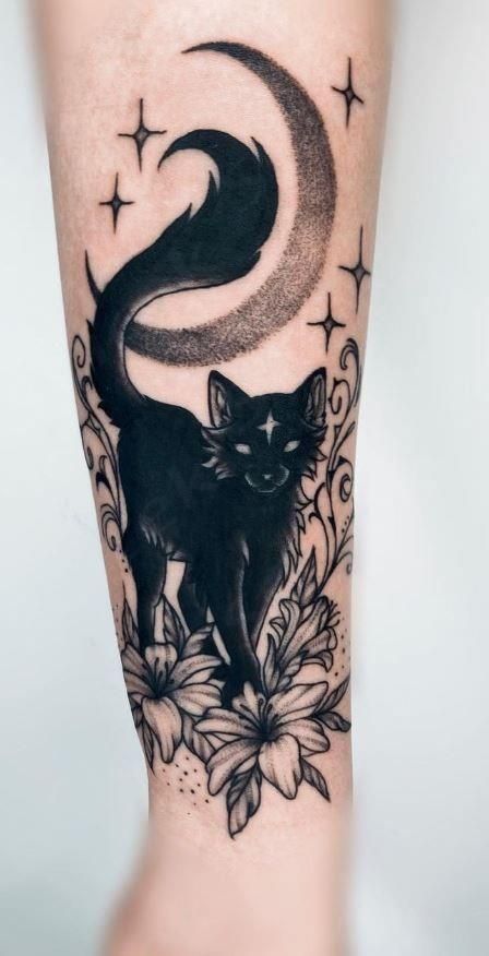 << Check out more Black Cat Tattoos, Ideas and Meanings #tattoomenow #tattooideas #tattoodesigns #tattoos #blackcat #blackcattattoo #cattattoo Black Cat Paw Tattoo, Black And Grey Witchy Tattoos, Cat Spirit Tattoo, Black Cat With Wings Tattoo, Witchy Cat Tattoo Ideas, Spooky Black Cat Tattoo, Black Cat Tarot Card Tattoo, Cat Shadow Tattoo, Mystical Cat Tattoo