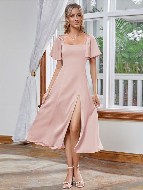 Light Pink Bridesmaid Dresses Modest, Pink Dress Wedding Guest Outfit Ideas, Pink Dresses With Sleeves, Pink Short Sleeve Dress For Wedding Guest, Wedding Guest Dress Pastel, Light Pink Dress Outfit, Light Pink Satin Dress, Pink Pastel Dress, Garden Attire