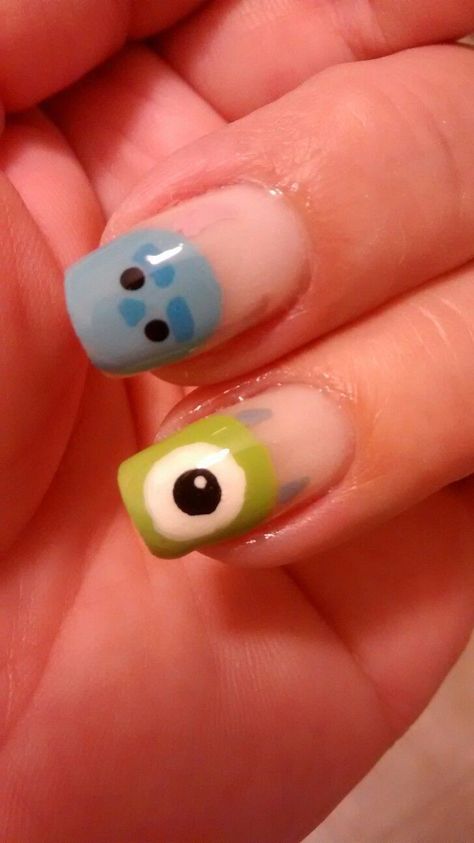 Cute Nails Acrylic Disney, Tsum Tsum Nail Art, Disney Nails Monsters Inc, Cute Nail Designs Disney, Cute Character Nails, Monsters Inc Nail Art, Tsum Tsum Nails, Monster Inc Nails, Disneyland Nails