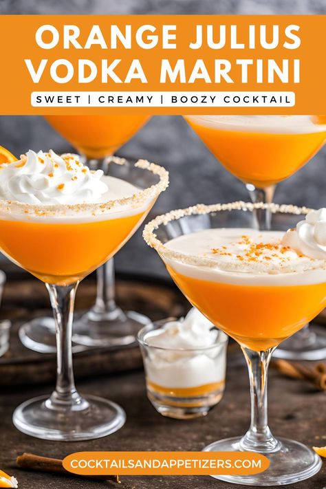 This adult Orange Julius is a boozy, creamy and fruity cocktail with Triple Sec and vanilla vodka. Nostalgic flavor with a boozy twist on thefavorite  traditional mall drink. Sweet martini recipe perfect for Christmas drinks, Friendsmas, spring cocktails, party alcoholic drinks, game day and happy hour! Boozy Orange Julius, Breakfast Cocktails Vodka, Creamy Vodka Drinks, Orange Colored Cocktails, Orange Vodka Cocktails, Party Alcoholic Drinks, Orange Alcoholic Drinks, Vanilla Vodka Cocktails, Creamsicle Martini