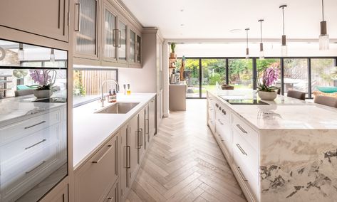 Kitchen Island With Hob, Taupe Kitchen Cabinets, Enfield London, Herringbone Kitchen, Taupe Kitchen, 25 Beautiful Homes, Modern Parisian, Beige Cabinets, Award Winning Kitchen