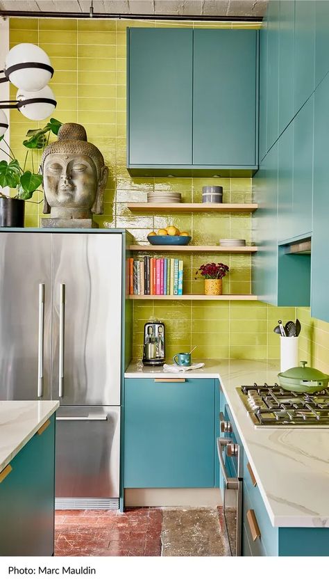 Color Trend Report | Architectural Digest Boathouse Interior, Turquoise Cabinets, Green Backsplash, Hgtv Designers, Loft Kitchen, Small Loft, Kitchen Trends, Green Kitchen, Painting Bathroom