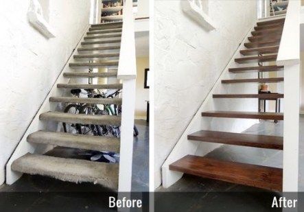 Stair Redo, Redo Stairs, Carpet Diy, Entryway Stairs, Rustic Stairs, Wooden Staircase, Open Stairs, Stair Makeover, Tiny House Stairs