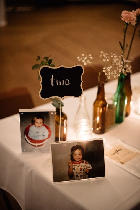 Wedding Age Table Numbers, Wedding Table Centerpieces Pictures, Wedding Centerpieces Photos, Wedding Centerpieces Pictures Of Couple, Childhood Photos Wedding Display, Photo Wedding Centerpieces, Chalkboard Numbers, Picture Centerpieces, Picture Wedding Centerpieces