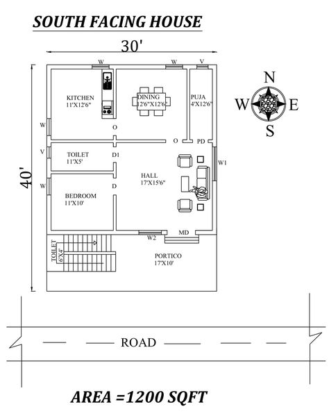 1200 Sqft House Plan, 1 Bhk House Plan, House Plan App, 1200 Sq Ft House, South Facing House, North Facing House, 30x40 House Plans, Single Floor House Design, Vastu House