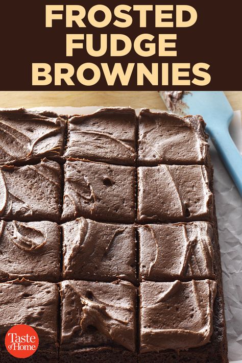 Frosted Fudge Brownies Best Frosted Brownie Recipe, Brownie And Frosting Recipe, Fudgy Brownies With Frosting, Frosted Chocolate Brownies, Brownie With Fudge On Top, Brownie Recipes Frosted, Chocolate Brownies With Frosting, Brownie Recipes With Frosting, Fudge Iced Brownies