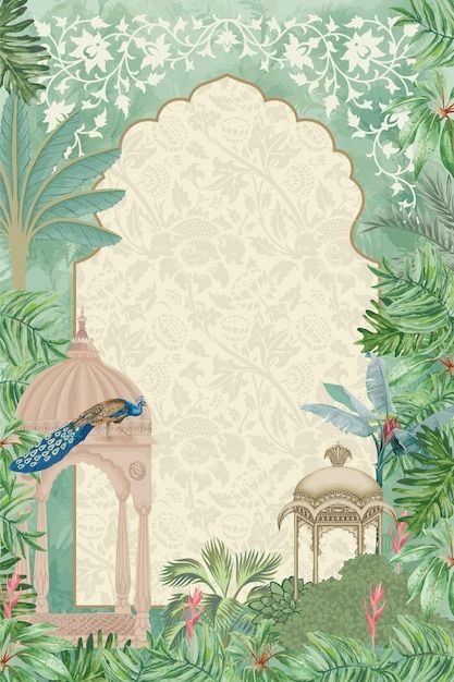 Tropical mughal garden with peacock arch... | Premium Vector #Freepik #vector #tree #green #garden #arch Wallpaper For Invitation Card, Mughal Invitation Cards, Mughal Garden Illustration, Mughal Wedding Invite, Mughal Art Paintings Illustrations, Mughal Invite, Mughal Wedding Card, Mughal Background, Wedding Card Invitation Ideas