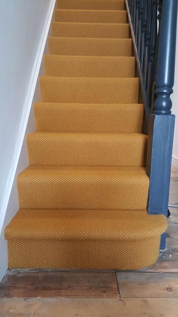 Orange Beige Stair Carpet Installation Coloured Skirting Boards, Beige Stairs, Yellow Stairs, Install Carpet, Carpet Staircase, Stair Banister, Yellow Carpet, Orange Carpet, Stair Carpet