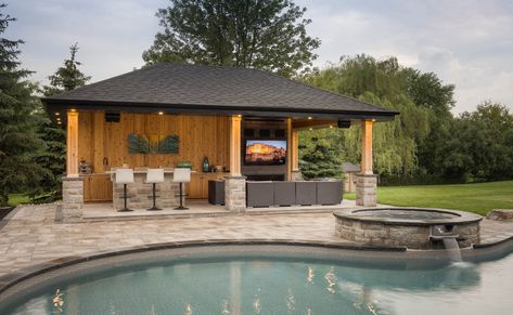 Lean To Pool Cabana, Hot Tub Pavilion, Pools With Outdoor Kitchen, Gazebo By Pool, Bbq Cabana, Pool Side Gazebo, Rustic Pool House Ideas, Pool Gazebo Ideas Cabanas, Pool Houses Ideas