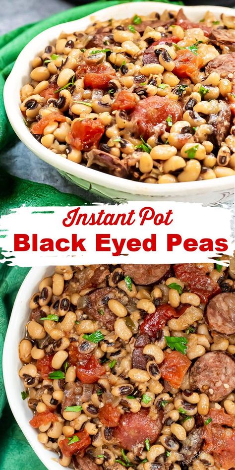 This Instant Pot Black Eyed Pea recipe makes the BEST Black Eyed Peas you ever laid your taste buds on. Cooked with andouille sausage, bacon, onions, garlic, herbs, and spices, you’ll want these good luck black-eyed peas not only for New Years Day but any time during the year! Black Eyed Peas Recipe Bacon, Black Eyed Peas New Years, Blackeyed Pea Recipes, Black Eyed Pea Soup, Blackeyed Peas, Black Eyed Peas Recipe, Pea Recipes, Stewed Tomatoes, Smoked Pork