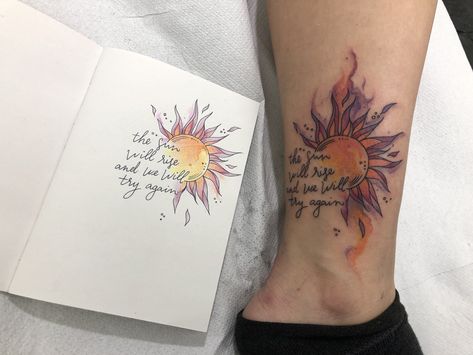 Colorful Sun Tattoos For Women, Sunrise Tattoos For Women, Watercolor Sun Tattoo, Sunset Sunrise Tattoo, Sunrise Tattoo Color, Sunrise Tattoos, Sunshine Tattoos, Sunrise Tattoo, Sunshine Tattoo