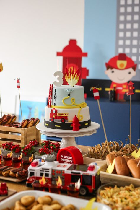 Fire Truck Themed Birthday Party Food, Fireman Theme Birthday Party, Firetruck Birthday Food Ideas, Birthday Party Firefighter, Vintage Firetruck Birthday Party, Fireman 3rd Birthday Party, Fire Truck Birthday Party Decorations, Fireman First Birthday Party, Firefighters Birthday Party Ideas