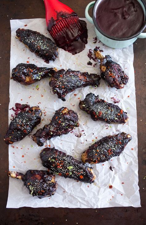 Wild Blueberry BBQ Chicken Wings Blueberry Honey, Blueberry Chicken, Chicken Satay Recipe, Lemongrass Paste, Bbq Chicken Wings, Blueberry Farm, Honey Bbq Sauce, Crispy Wings, Bbq Wings