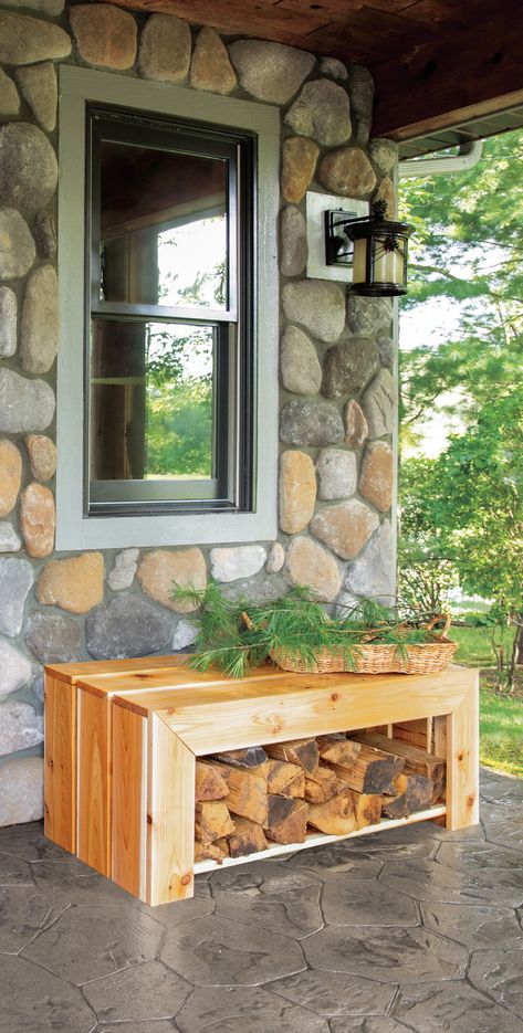 How to Build a Firewood Storage Bench Firewood Storage Bench, Patio Chairs Diy, Cedar Fence Pickets, Log Storage, Picnic Table Bench, Fire Pit Seating, Firewood Storage, This Old House, Diy Fire Pit