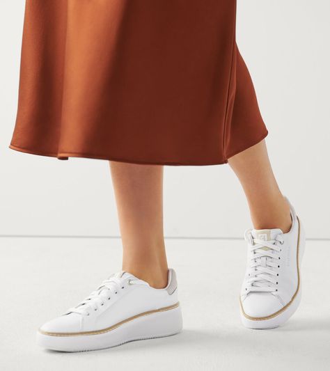 Women's GrandPrø Topspin Sneaker in White | Cole Haan European Sneakers, Cole Haan Women Shoes, Cole Haan Sneakers, White Sneakers Outfit, Capsule Wardrobe Women, Work Sneakers, Stylish Heels, White Leather Sneakers, Cole Haan Women