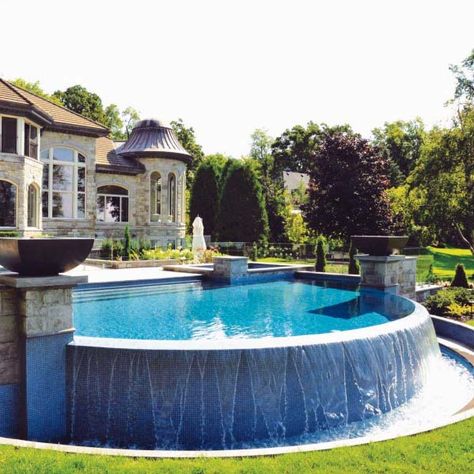 Impressive Infinity Edge Pool Waterfall Ideas Pool Waterfall Ideas, Pools Ideas, Swimming Pool Waterfall, Waterfall Ideas, Pool Inspiration, Backyard Getaway, Dream Backyard Pool, Luxury Swimming Pools, Round Pool