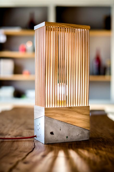 Wood and Concrete Table Lamp - #tablelamp #bedroom #bedside #concrete #design #handmade #modernlamp #recycle #wood #designlamp Wood And Concrete Table, Wooden Lamps Design, Wood Lamp Design, Concrete Table Lamp, Wood And Concrete, Tafel Decor, Diy Lampe, Concrete Lamp, Concrete Table