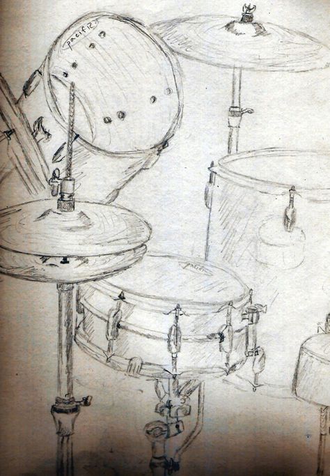 Drum Sketch Drawings, Drumset Drawings, Drum Kit Drawing, Playing Drums Drawing Reference, Drum Painting Ideas, Drums Sketch, Drum Set Drawing, Instruments Sketch, Drums Painting