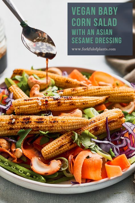 Baby Corn Salad, Baby Corn Salad Recipe, Bbq Corn Salad, Baby Corn Recipe, Bbq Corn, Asian Inspired Salad, Asian Dressing, Edamame Salad, Vegan Salad Dressing