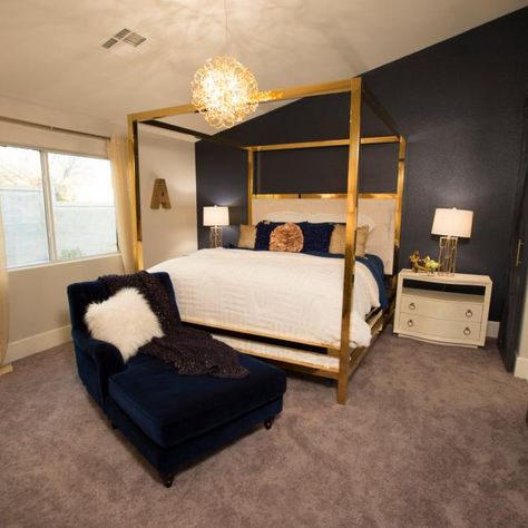 Modern Black Master Bedroom with Gold Canopy Bed | HGTV Gold Canopy Bedroom Ideas, Gold Canopy Bed, Hot Pink Bedroom Decor, Bedroom Canopy Bed, Teal And Gold Bedroom, Master Bedrrom, Emerald Green Bedrooms, Hot Pink Bedrooms, Bedroom Canopy