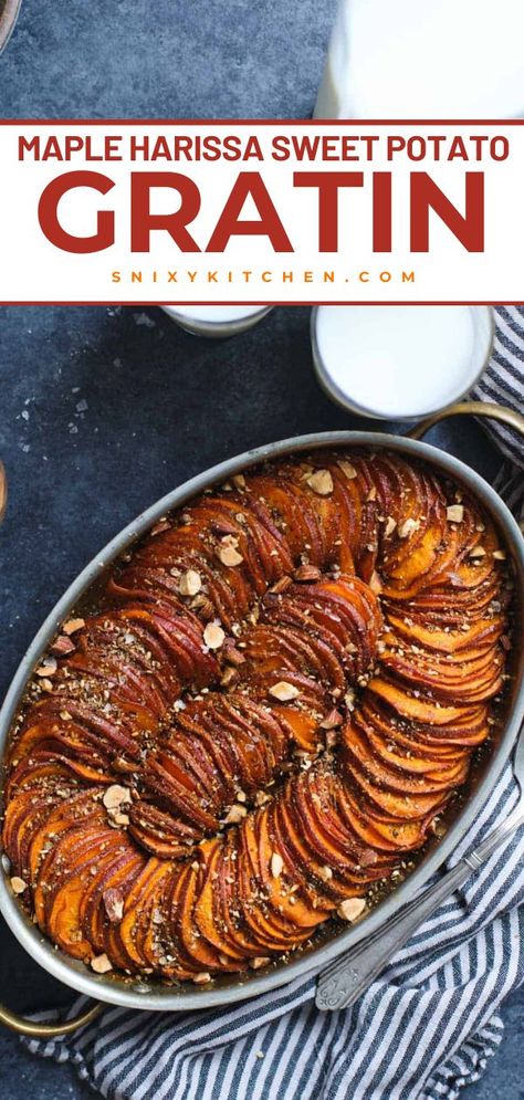 Looking for the best Thanksgiving food ideas? This Maple Harissa Sweet Potato Gratin is an easy Thanksgiving side dish for dinner with red garnet yams, hot chili pepper paste, and topped with roasted almonds and spice seeds. Pin this recipe! Potato Gratin Recipe, Microwave Sweet Potato, Sweet Potato Gratin, Fall Favorites Recipes, Thanksgiving Recipe, Potatoes Au Gratin, Cooking Sweet Potatoes, Potato Gratin, Roast Dinner