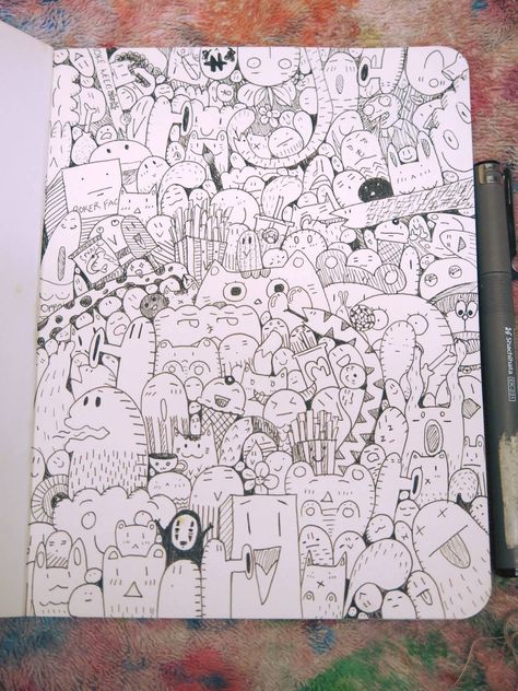 Doodle <3 <3 Doodles Full Page, Full Page Doodle, Doodle Art Name, Drawing Monsters, Spiral Drawing, Easy Graffiti, Ink Drawing Techniques, Easy Graffiti Drawings, Doodle Characters