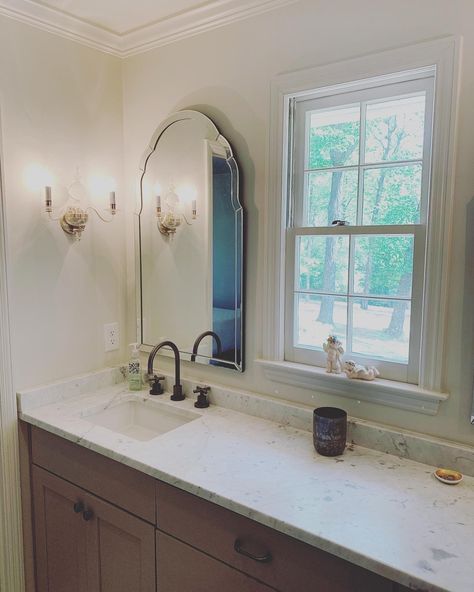 Shop the look TODAY @ #MLS through the links below! Window Over Bathroom Vanity, Bathroom Vanity With Window, Bathroom Vanity Window, Vanity In Front Of Window, Sconces Mirror, Spanish Bathroom, Master Addition, Add A Bathroom, House Flip