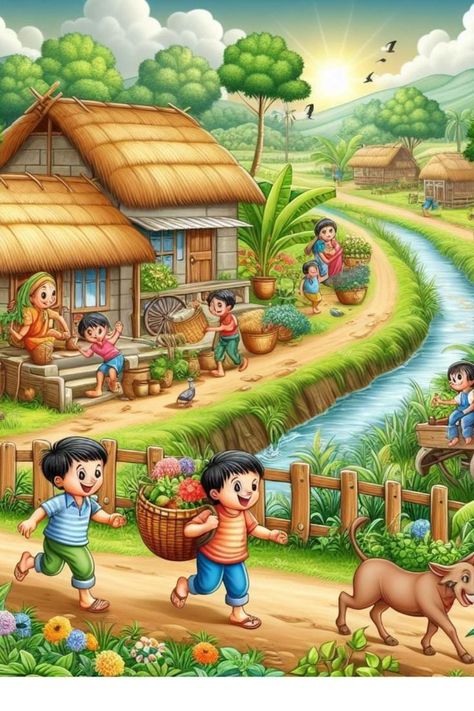 A 77 pieces jigsaw puzzle from Jigidi Village Life Painting, Village Scene Painting, Village Scene Drawing, Free Cartoon Characters, Wedding Couple Cartoon, Iphone Wallpaper For Guys, School Wall Art, Scene Drawing, Cartoon Love Photo