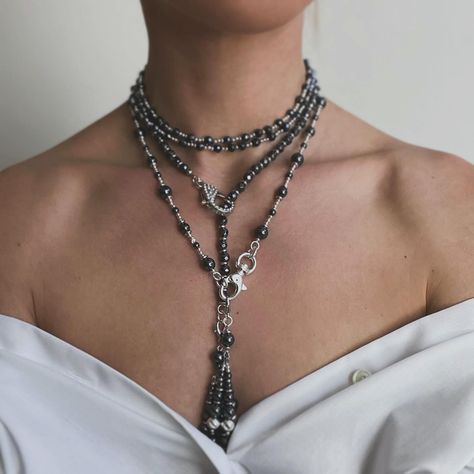 Sotoir “hematite” Transformer necklace to choker or tie necklace Price: $80 Black Bohemian, Blue Pendant Necklace, Natural Pearl Necklace, Necklace Gothic, Laguna Niguel, Hematite Necklace, Tie Necklace, Necklace Layered, Boho Choker