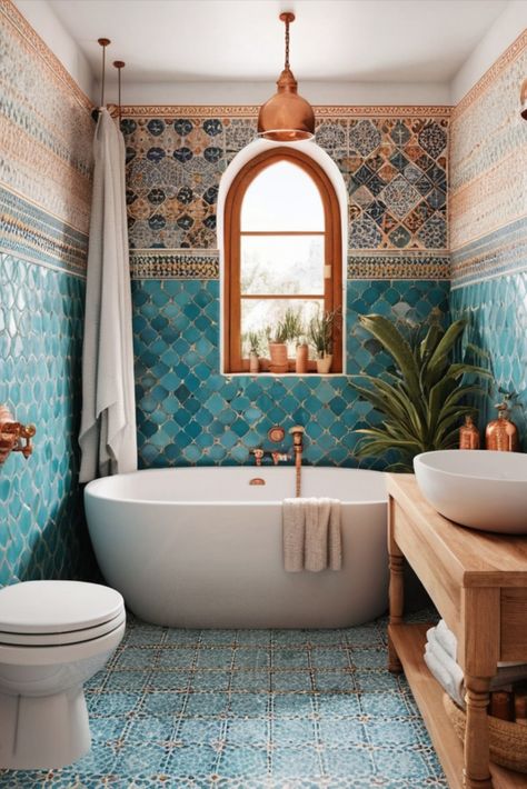 Bring exotic charm to your small bathroom with intricate Moroccan tiles and warm copper details. A vacation vibe in your own home. #MoroccanStyle #SmallBathroom #ExoticDesign Mosaic Bathroom Ideas, Mexican Bathroom Ideas, Small Elegant Bathroom, Bathroom Spanish Style, Moroccan Decor Bathroom, Moroccan Style Bathroom, Elegant Bathrooms, Mexican Bathroom, Mediterranean Bathroom