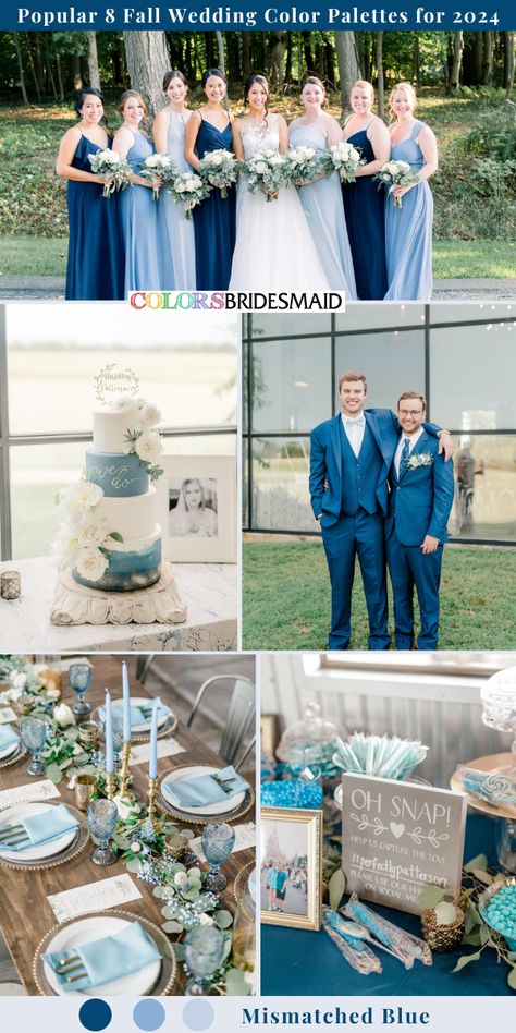 Mismatched Fall Wedding Color Palettes 2024 Inspirations: Mismatched blue bridesmaid dresses, White bridal gown, white wedding bouquets, navy blue attire for groom and groomsmen, white and blue wedding cakes, wedding table with blue color decorations. #blueweddings #weddings #weddingideas #weddingcolors #bridesmaiddresses #fallweddings #colsbm #2024 Mismatched Blue Bridesmaid Dresses, Mismatched Bridesmaid Dresses Blue, Blue Fall Wedding, Wedding Palettes, Orange Wedding Bouquet, Yellow Wedding Colors, Navy Wedding Colors, Rust Bridesmaid Dress, Rusting Wedding