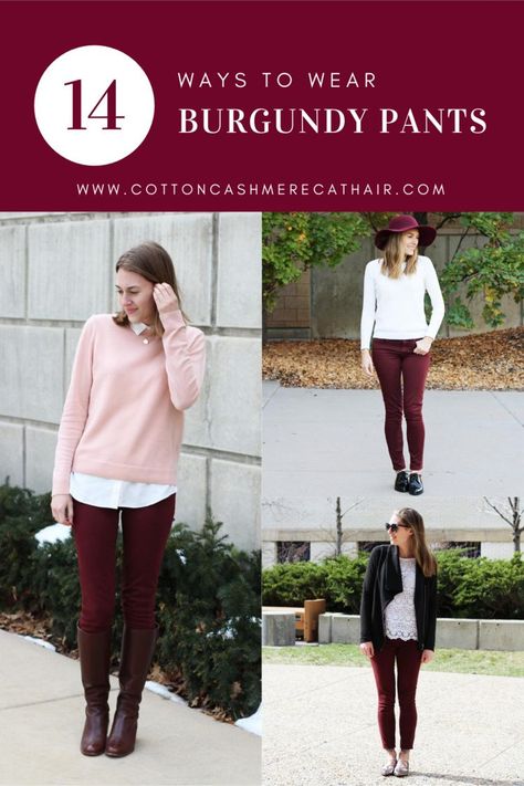 14 ways to wear burgundy pants in fall, winter, and spring | how to wear burgundy pants in all seasons | burgundy pants outfit inspiration Burgundy Jegging Outfit, Burgandy Pants Outfits Work Winter, Burgandy Pant Outfit, Burgundy Jeans Outfit Winter, Outfit Burgundy Pants, Maroon Leggings Outfit Fall, Maroon Jeggings Outfit, Burgandy Pants Work Outfit, Burgundy Leggings Outfit Fall