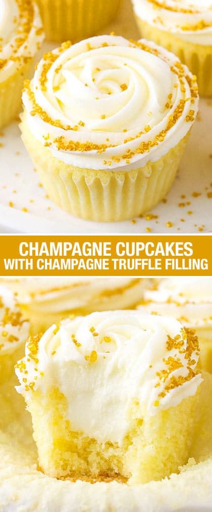 Champagne Cupcakes with white chocolate champagne truffle filling & topped with champagne frosting! This cupcake recipe is perfect for a celebration! #cupcakes #vanillacupcakes #champagne #desserts Twix Cupcakes, Champagne Frosting, Champagne Buttercream, Truffle Filling, Champagne Cupcakes, Champagne Truffles, Salty Cake, Chocolate Filling, Fun Cupcakes