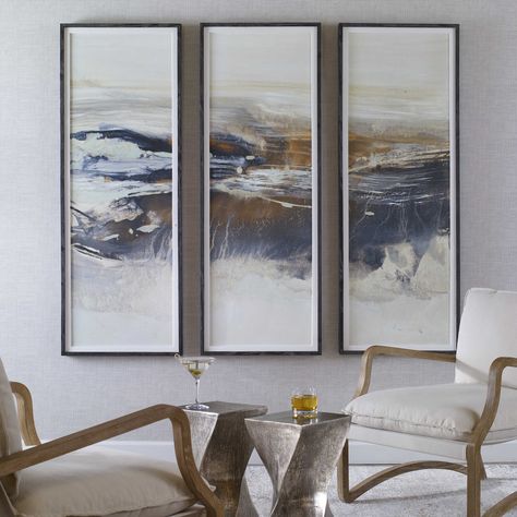 Graphite Horizon Framed Prints, S/3 | Uttermost Texture Artwork, Wal Art, Triptych Wall Art, Fence Art, Wood Grain Texture, Grain Texture, Soft Waves, Visual Artwork, Sea Foam