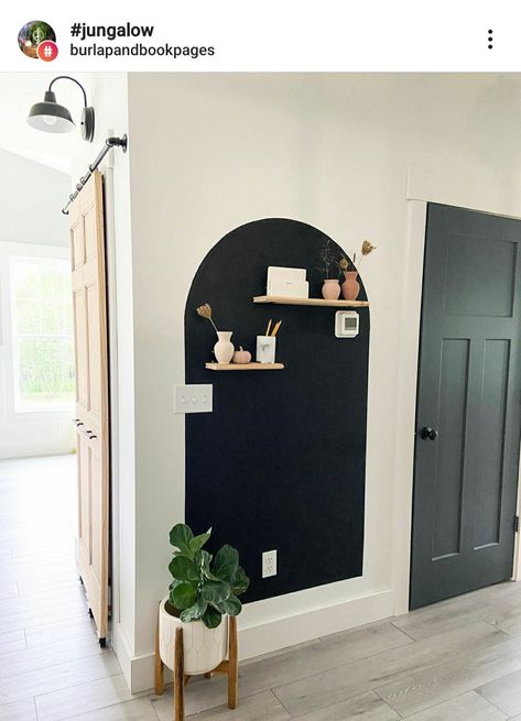 Black Arch Wall Paint, Painted Arch Command Center, Hallway Chalkboard Wall, Blackboard Paint Wall, Painted Arch On Wall With Shelves, Chalkboard Wall Bedroom Ideas, Painted Arch In Kitchen, Chalkboard Wall With Shelves, Arched Chalkboard Wall