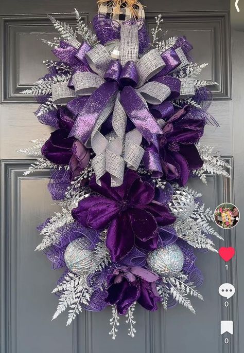 Wreaths & Bows : Inspiration and Ideas by Wreath & Bow Co | Beautiful Purple Christmas Wreath that I designed | Facebook Christmas Wreath Purple, Silver Christmas Wreaths, Purple And Silver Christmas, Purple Wreaths, White Mesh Wreath, Purple Christmas Wreath, Purple Christmas Decorations, Purple Wreath, Winter Door