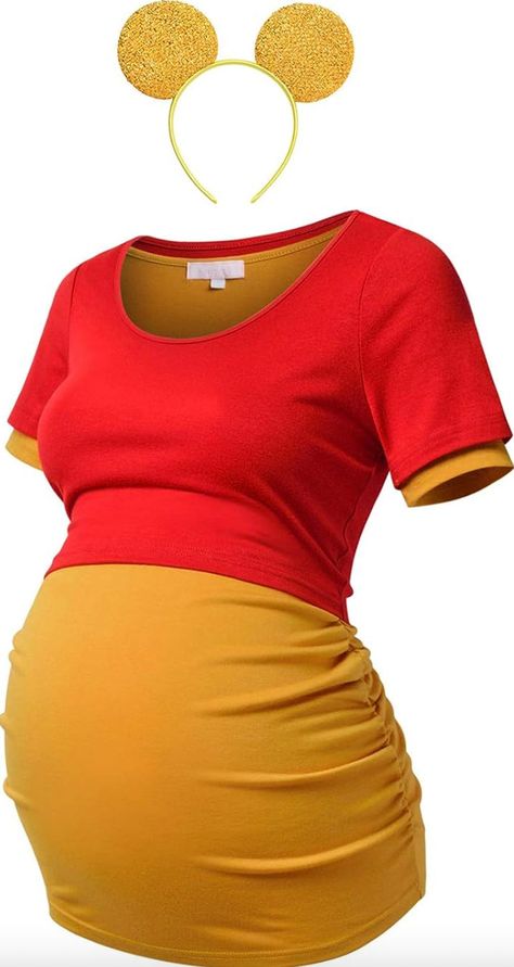 Halloween Costumes Winnie The Pooh, Red And Yellow Outfit, Maternity Halloween Costumes, Maternity Halloween, Pregnancy Costumes, Pregnant Halloween Costumes, 20 Weeks Pregnant, Pregnant Halloween, Maternity Shirt