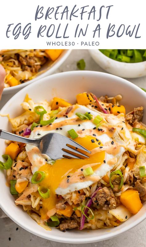 A breakfast version of the beloved egg roll in a bowl, made with breakfast sausage, sweet mango, and all topped with a delicious fried egg! Whole30 and paleo, this egg roll in a bowl update might be even better than the original, and is a great healthy meal prep option for busy mornings. Whole30 Egg Bake, Egg Roll Breakfast, Asian Breakfast Bowl, Whole30 Breakfast Bowl, Paleo Breakfast Bowl, Whole 30 Recipes Breakfast, Make Ahead Breakfast Bowls, Macro Dinner, Breakfast Egg Rolls