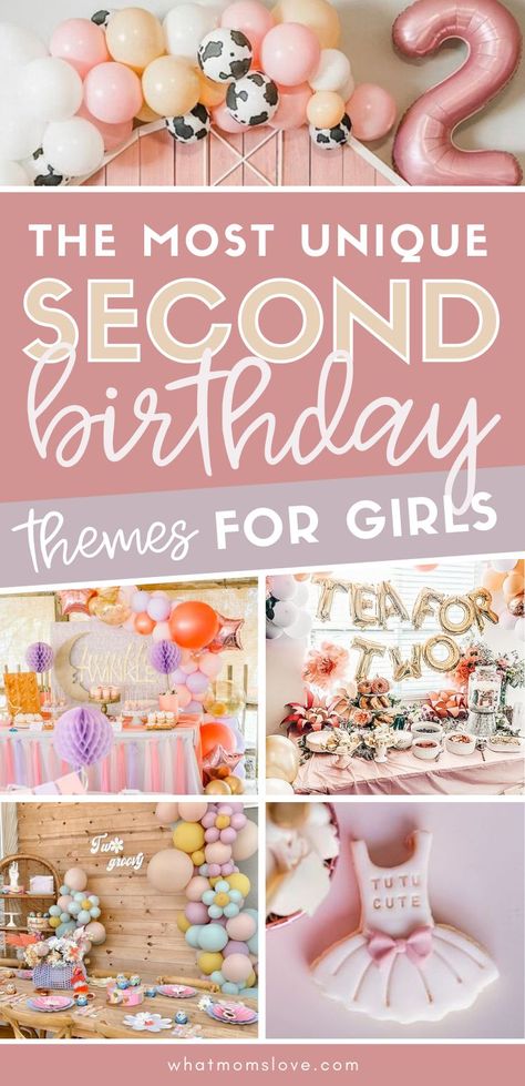 Unique 2nd birthday party themes for girls | Creative ideas for celebrating your 2 year old including inspiration for decorations, food, party favors and more! Two Year Party Theme, Birthday Party For 2 Year Girl, Birthday Party Two Year Old Girl, 2 Cute Birthday Theme, Baby Second Birthday Ideas, 2 Girl Birthday Theme, Birthday Party Ideas For 2 Year Girl, Small 2nd Birthday Party Ideas, Theme For 2nd Birthday Girl