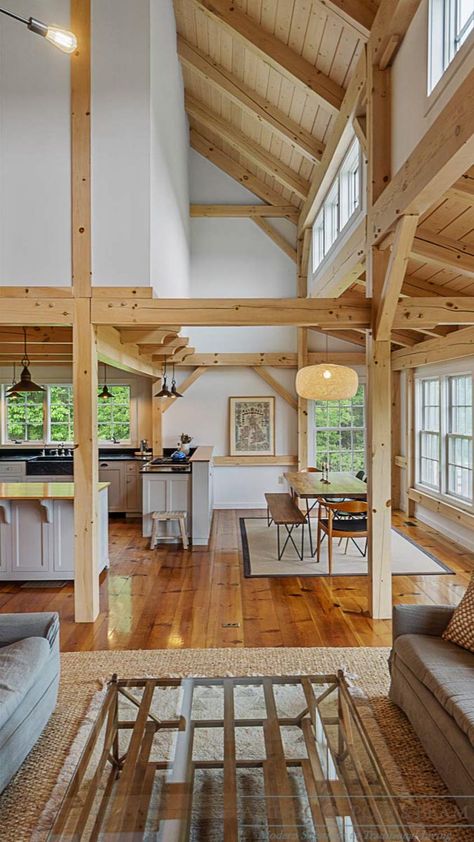 Post And Beam Staircase, Post And Beam Bathroom, American Barn Style Home, Barn Apartment Interior, Post And Beam Homes Interior, Small Post And Beam Homes, Pole Barn House Interior, Post And Beam House Plans, Modern Post And Beam Homes