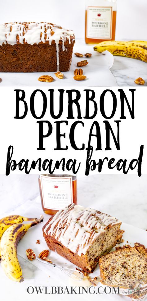 Bourbon Deserts, Whiskey Bread, Banana Pecan Bread Recipe, Bourbon Banana Bread, Pecan Banana Bread, Loaf Breads, Maple Syrup Glaze, Banana Pecan Bread, Coffee Cakes