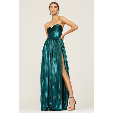 Teal lame (95% Polyester, 5% Spandex). A-line. Sleeveless. Strapless. Back zipper closure. See size and fit notes for length measurements. Imported. Metallic Formal Dress, Long Slim Dress, Metallic Prom Dress, Australia Clothes, Bronx And Banco, Slim Dress, City Vibe, Strapless Gown, Dress Inspo